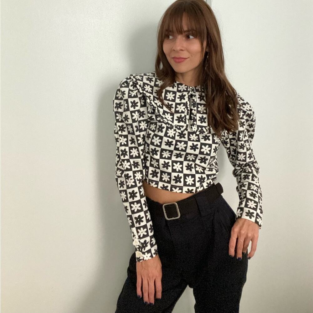 Lisa Says Gah | Wendy Top Daisy Black White Floral Checkerboard Collar Top S